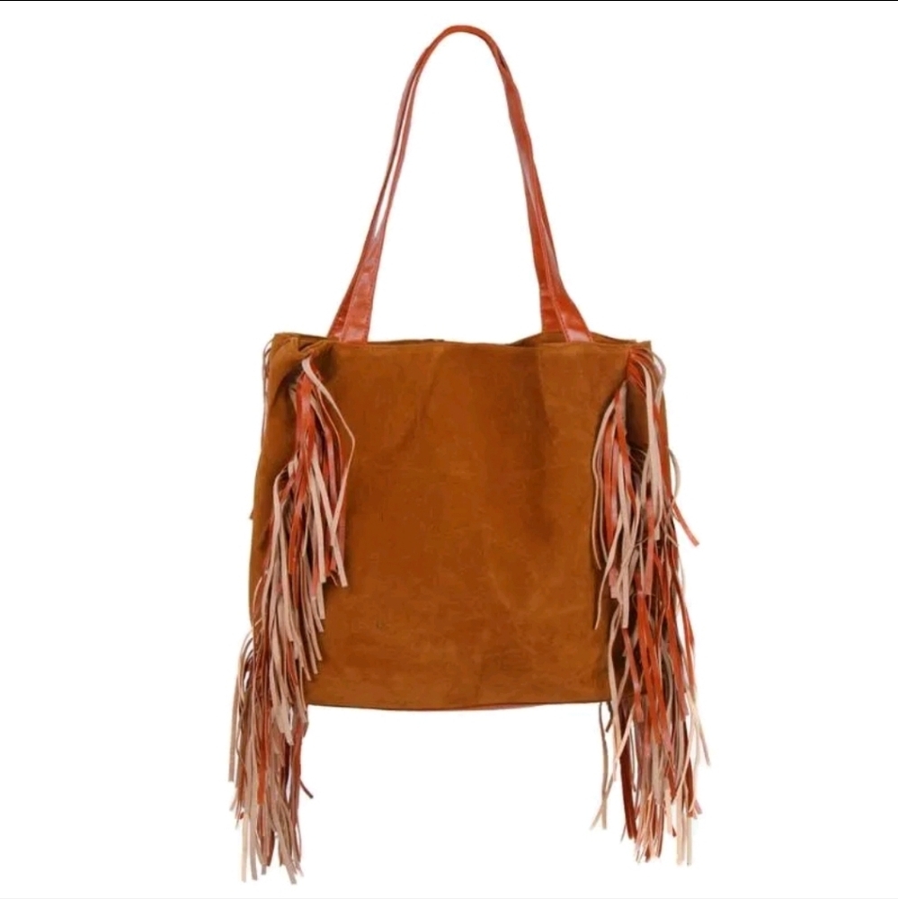 NWOT Leopard Fringe Faux Suede Shoulder Hobo Handbag - Picture 3 of 7